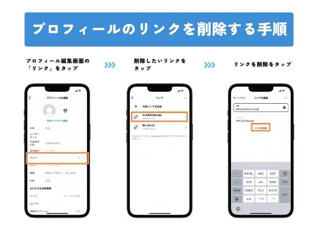 インスタグラムのプロフィールリンクを削除する手順
